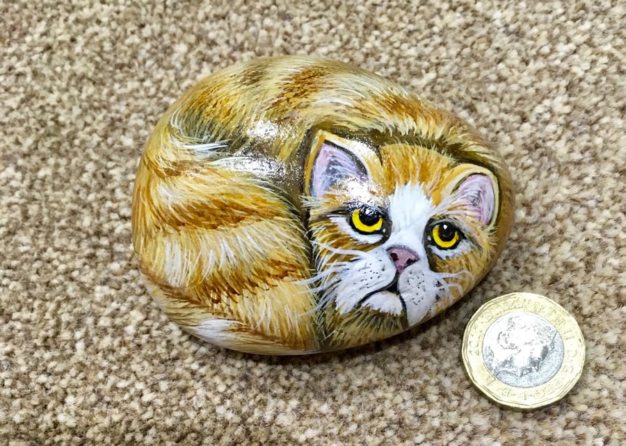 Cat painted pebble garden rock art pet Portrait 