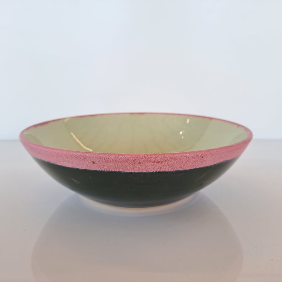 STONEWARE GREEN AND PINK HAND MADE PASTA BOWL