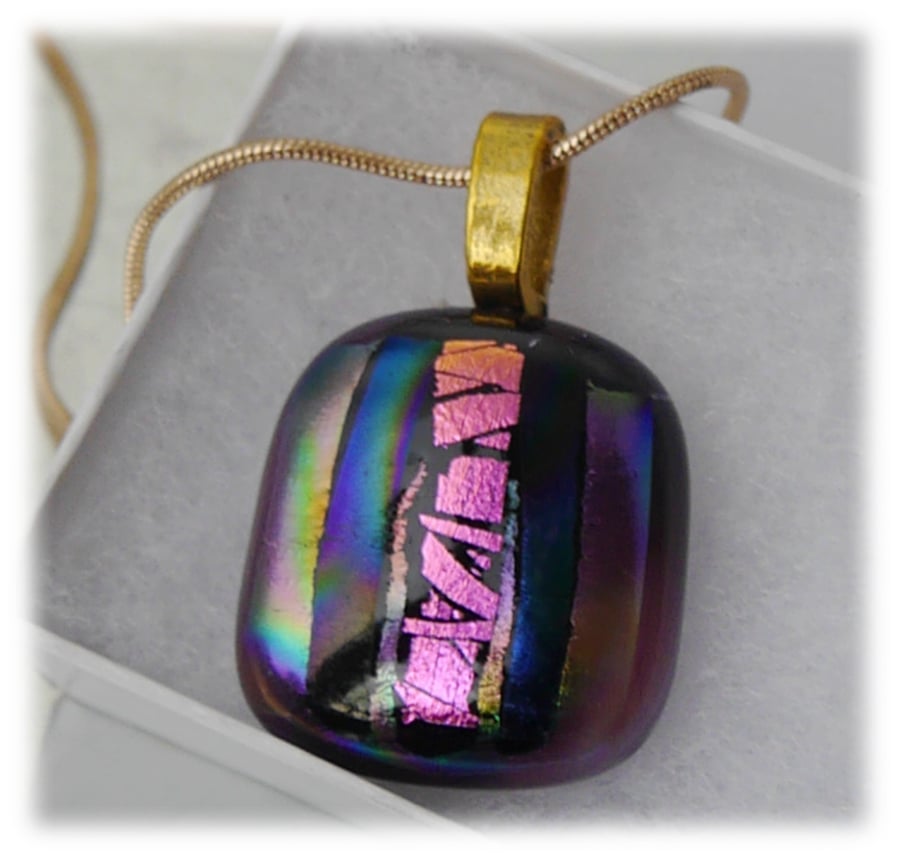 Dichroic Glass Pendant 038 Plum Purple Stripe Handmade with gold plated chain