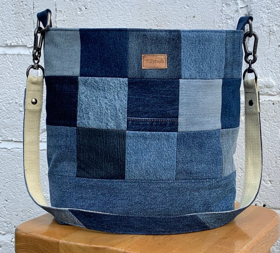 Recycled denim patchwork, bucket bag.