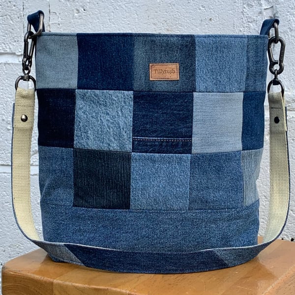 Recycled denim patchwork, bucket bag.