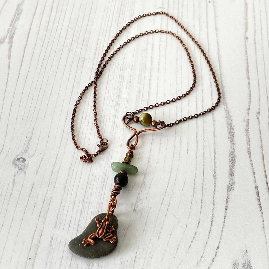 Copper Frog And River Stone Pendant