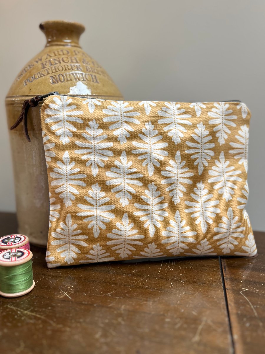 Yellow linen pouch with reclaimed denim back 