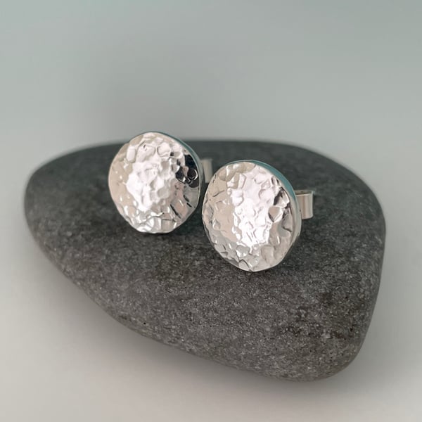 Sterling Silver Pebble Ear Stud Earrings 8mm Chunky Hand Forged Hammered-Sparkly