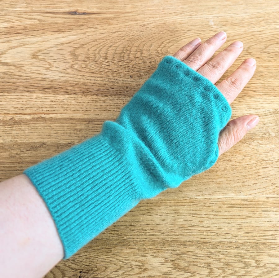Super Soft Green Blue Cashmere Wrist Warmers Upcycled from recycled knitwear 