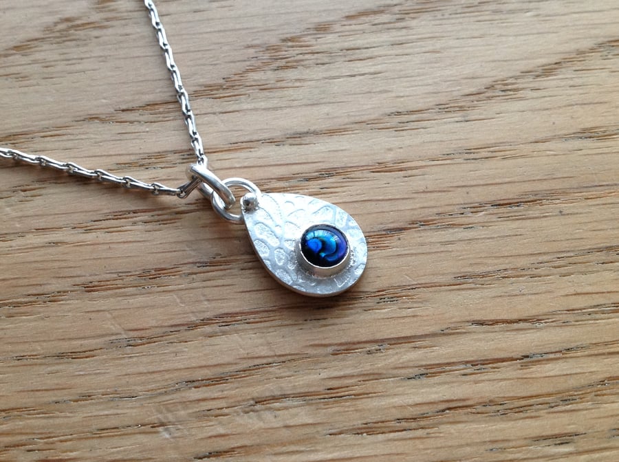 Blue Abalone shell Sterling and Fine silver pendant necklace