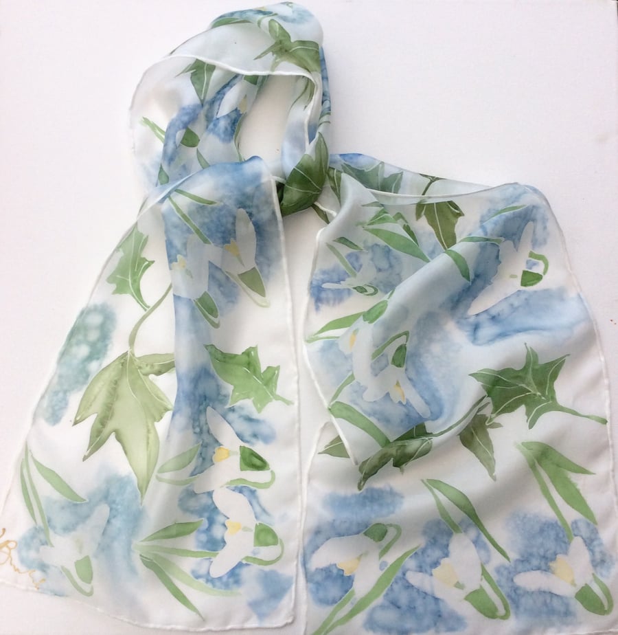 Snowdrops hand painted silk scarf
