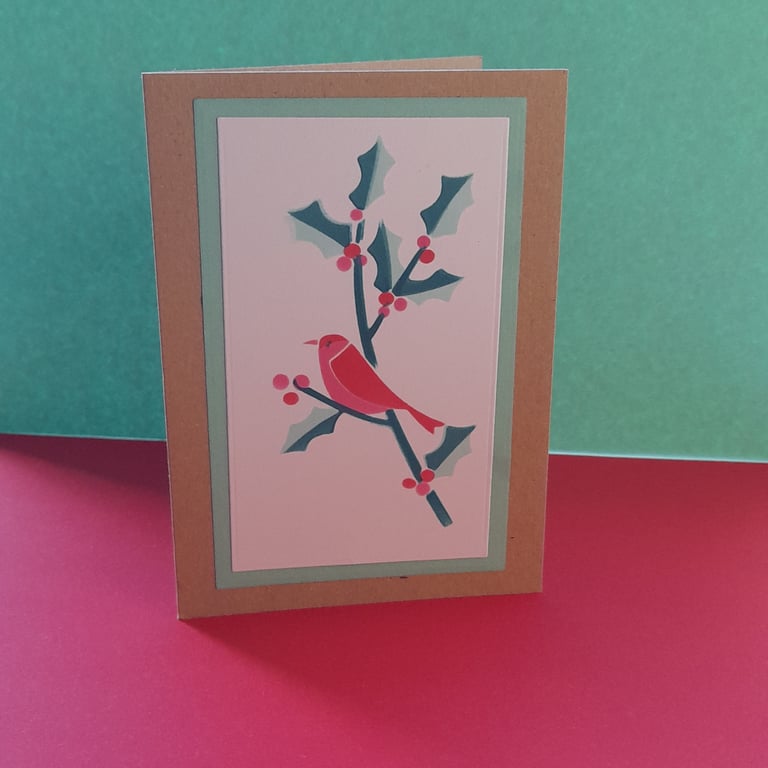 Robin & Holly Christmas Card - Arctic Blue - Handmade