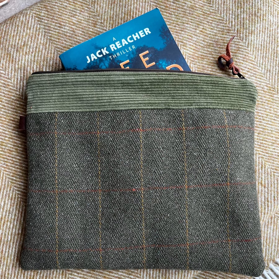 Repurposed tweed book pouch with quilted lining project bag with corduroy