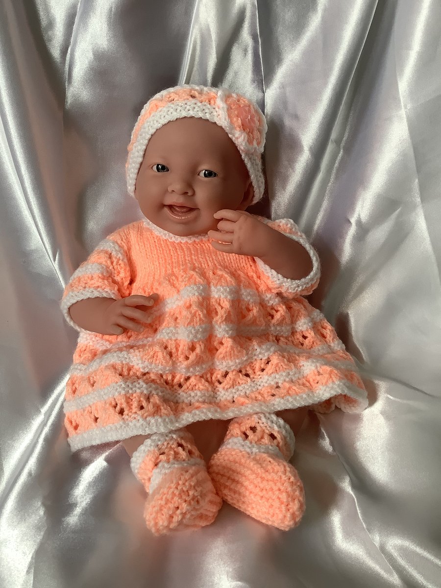 Hand knitted dolls clothes Dress Set for a 14”-15” Berenguer Doll or similar 