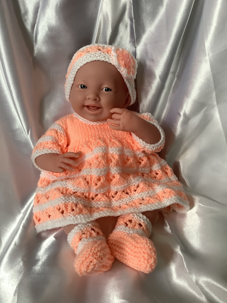Hand knitted dolls clothes Dress Set for a 14”-15” Berenguer Doll or similar