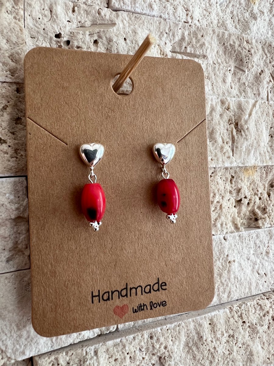 Sterling silver drop stud earrings with coral 
