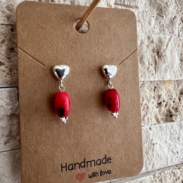 Sterling silver drop stud earrings with coral 