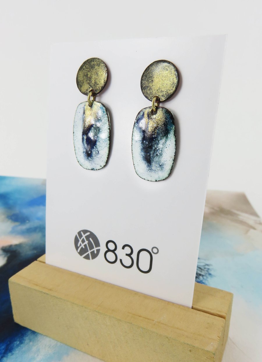 Two part dangle earrings in enamel and copper with gold shimmer