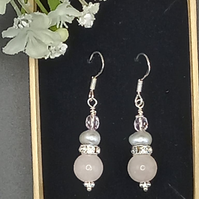 Rose Quartz and Freshwater Pearl earrings