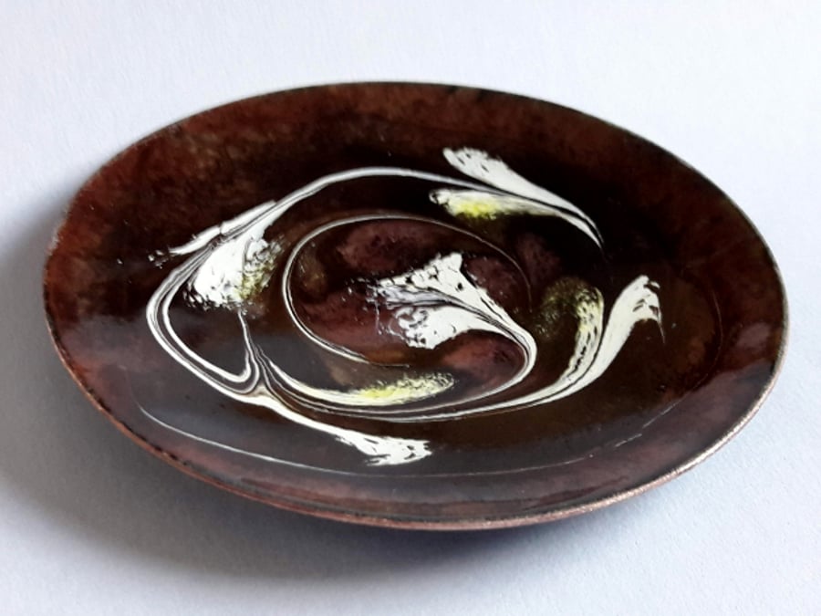 gold and white scrolled on chocolate brown - enamel dish