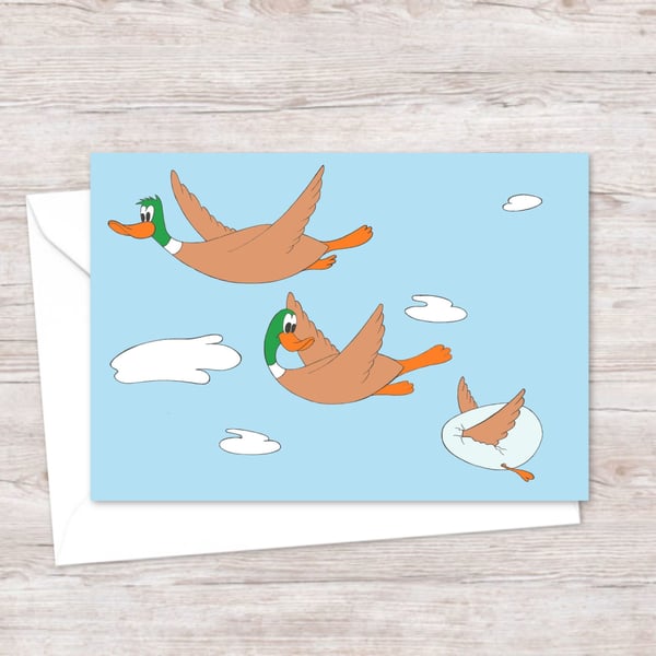 Flying Ducks Greeting Card: Hand Drawn Cartoon Artwork for Any Occasion (201)
