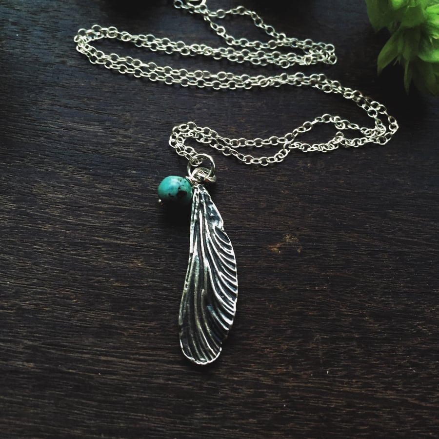 Sterling silver dragonfly wing necklaces with turquoise bead