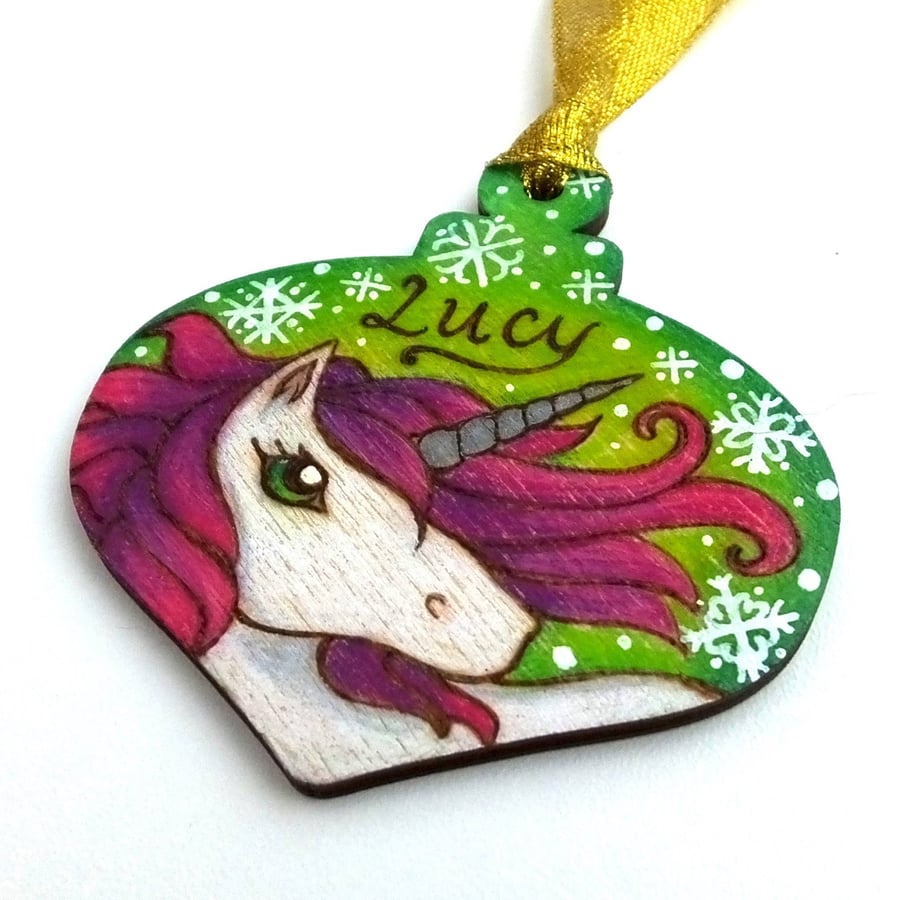 Custom Unicorn Pyrography Wooden Personalised Christmas Bauble