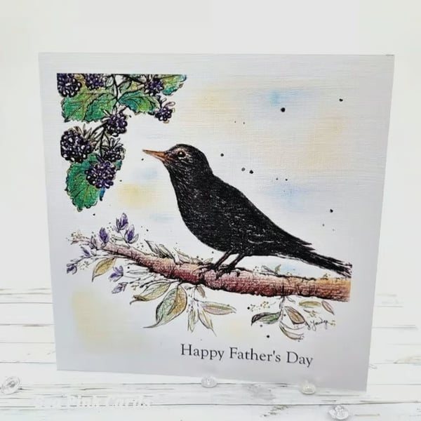 Father's Day Card - blackbird, berries, original art card
