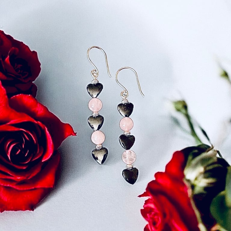 Sterling Silver Rose Quartz & Heart Hematite Earrings  - Gift Boxed