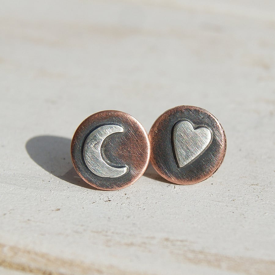 Copper and Silver Stud Earrings, Oxidised Heart and Moon Studs