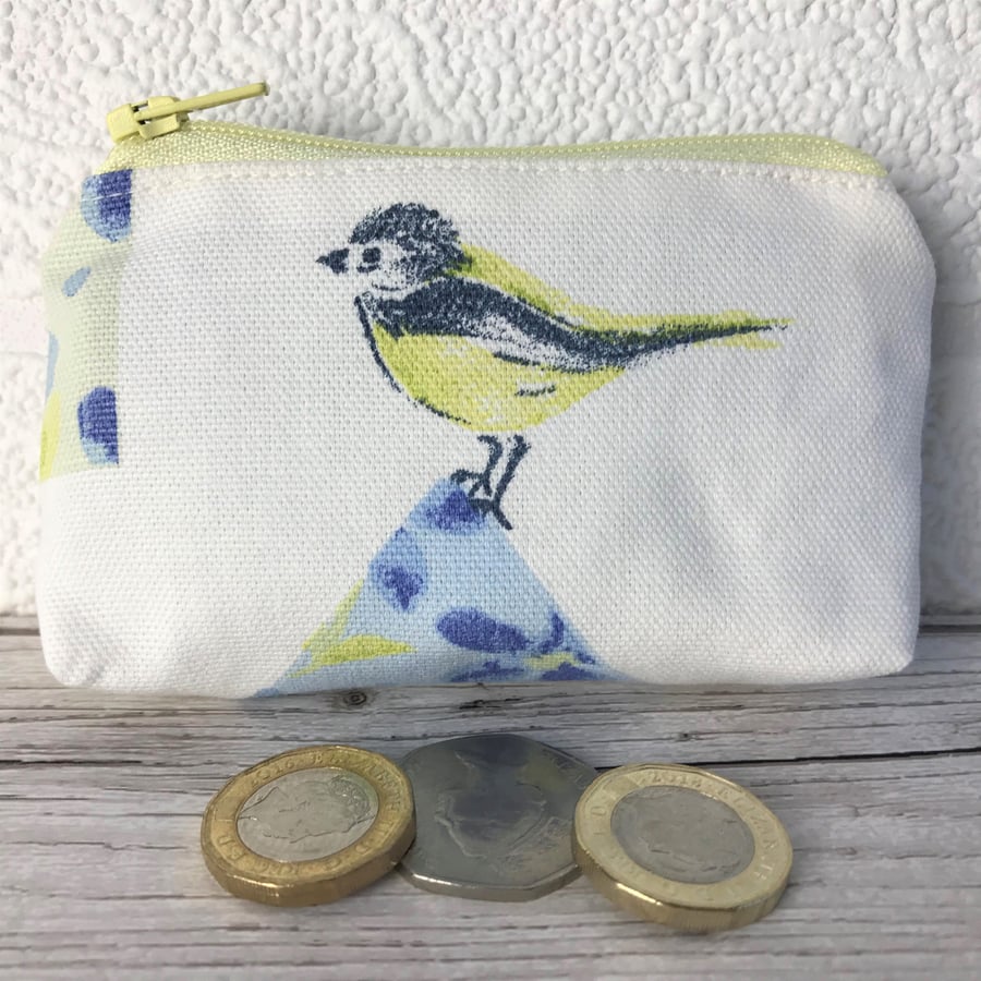 Small purse, coin purse with Blue Tit and blue floral patterned birdhouse