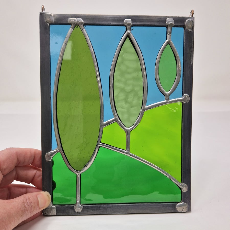 Stained glass cypress trees copper foil and lead panel 