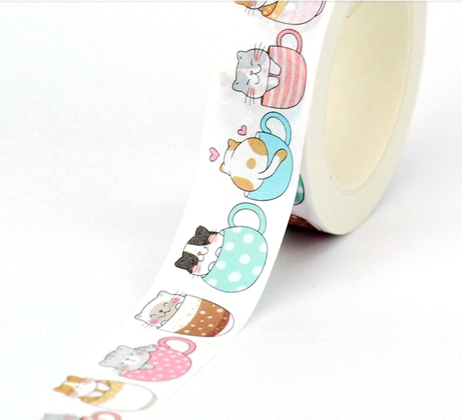 Cute Cats in cups Washi Tape ,Decorative Adhesive Tape, Crafts,10m
