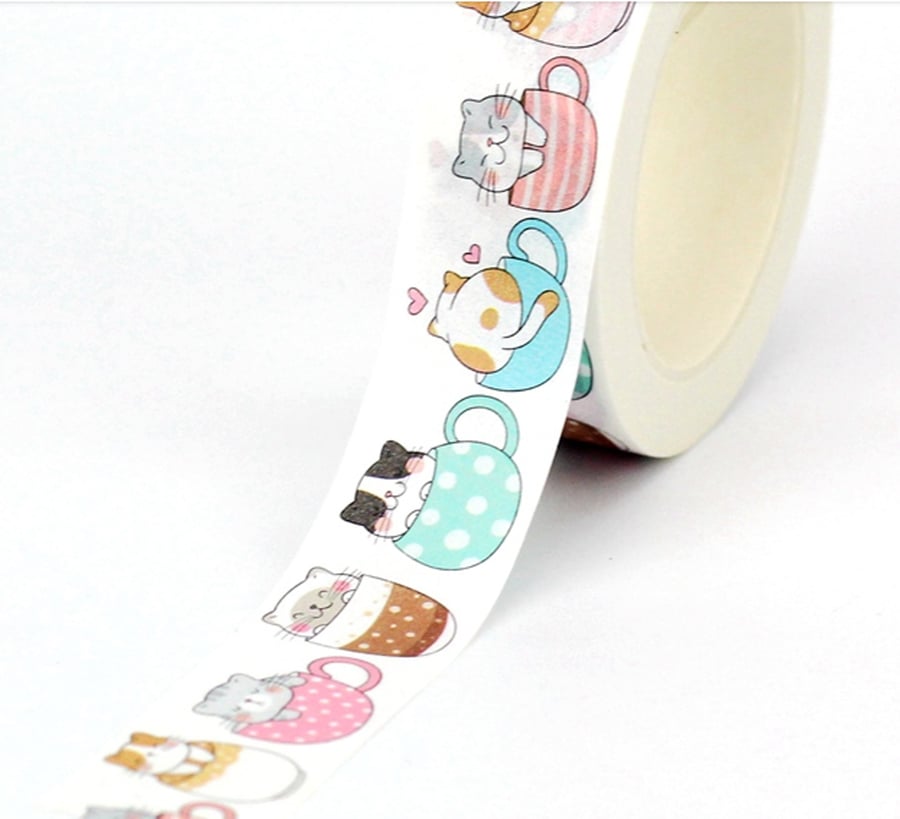 2 x Cute Cats in cups Washi Tape ,Decorative Adhesive Tape, Crafts,10m