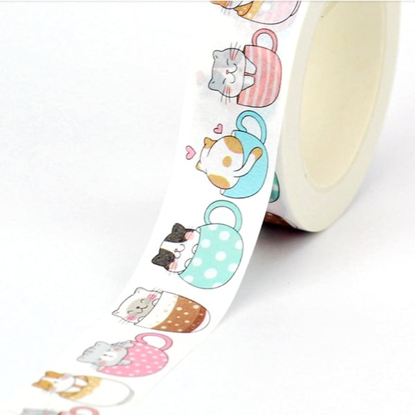 2 x Cute Cats in cups Washi Tape ,Decorative Adhesive Tape, Crafts,10m