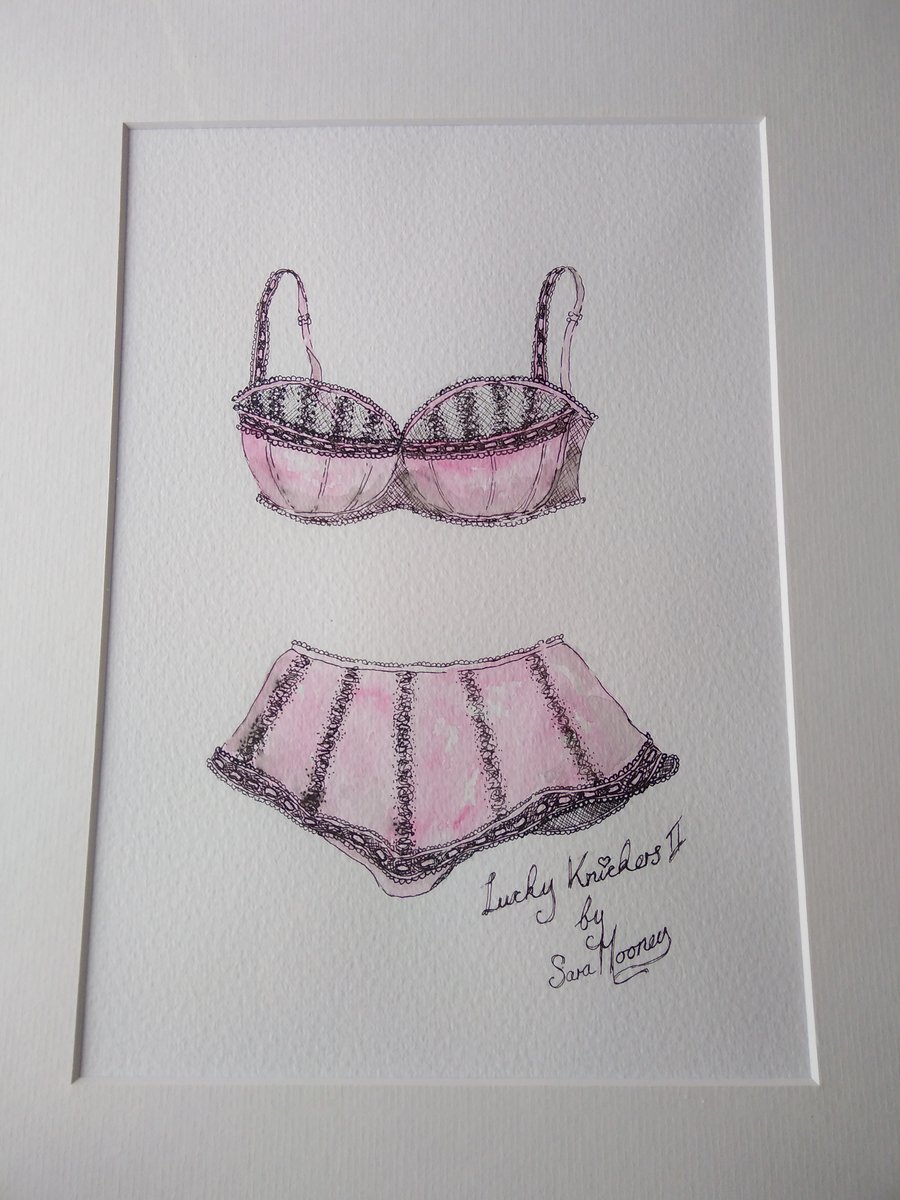 Pink and black bra and knickers watercolour painting