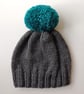 Bobble Hat in Grey Chunky Yarn with Petrol Green Pom Pom