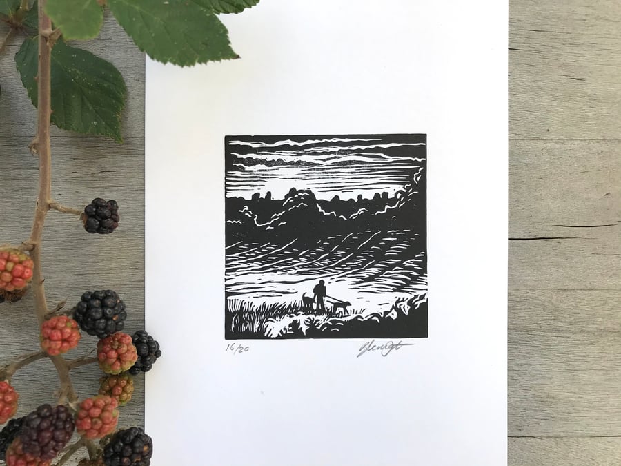 Dog walk: original lino cut by Suffolk artist Beth Knight.