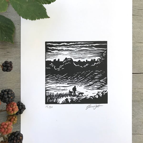 Dog walk: original lino cut by Suffolk artist Beth Knight.