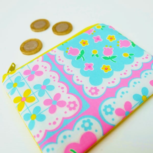 Pretty Floral Patch Fabric Small Coin Purse, in Neon Pink and Blue