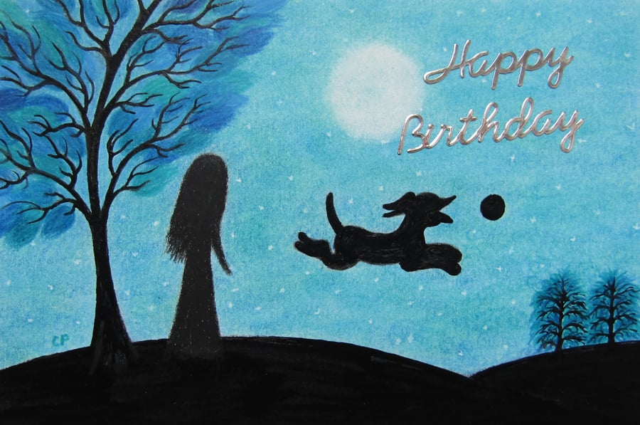 Dog Birthday Card, Daughter Art Card, Black Dog Girl Tree, Mum Birthday Card