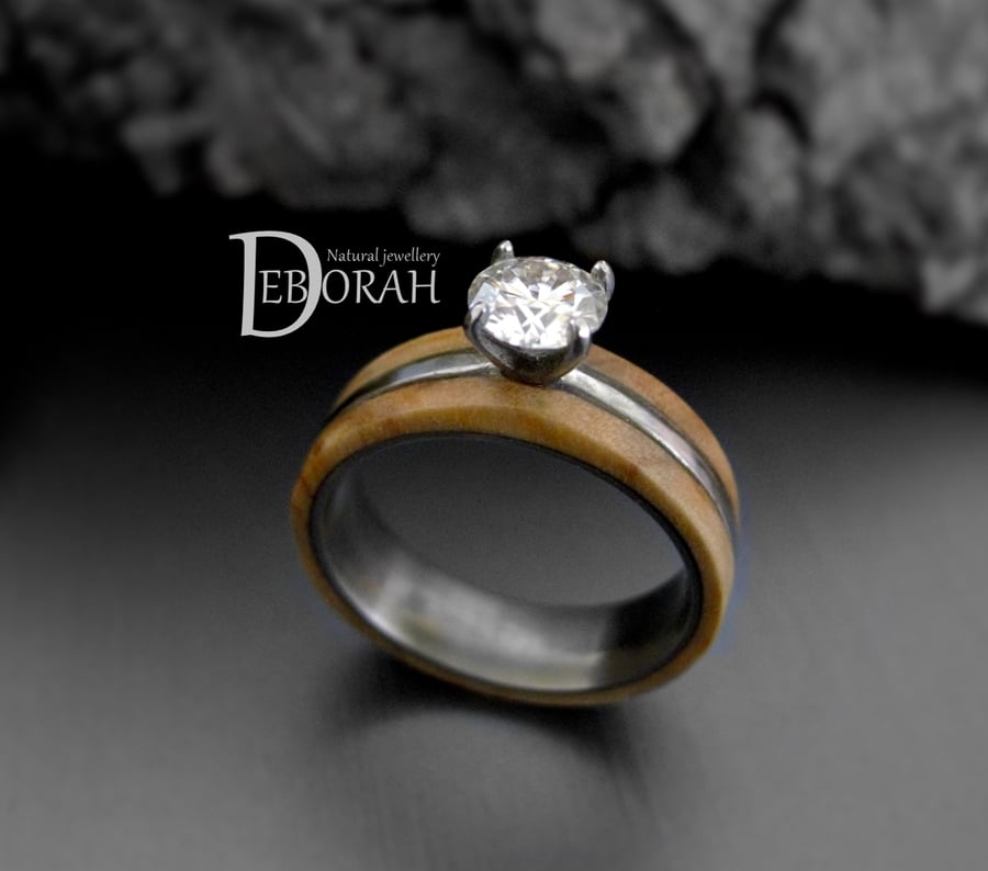 Certified Moissanite Diamond & Wood Titanium Engagement Ring. Olive Wood Ring