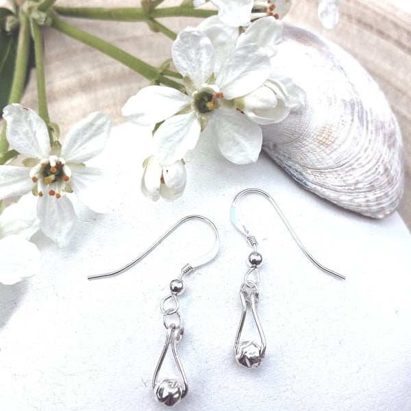 Tear-drop Shaped Hoop Earrings with Hammered Bead in Sterling Silver