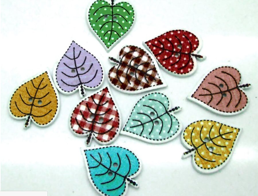 Leaves, pretty colourful leaf wooden buttons, Crafts, sewing, x 10