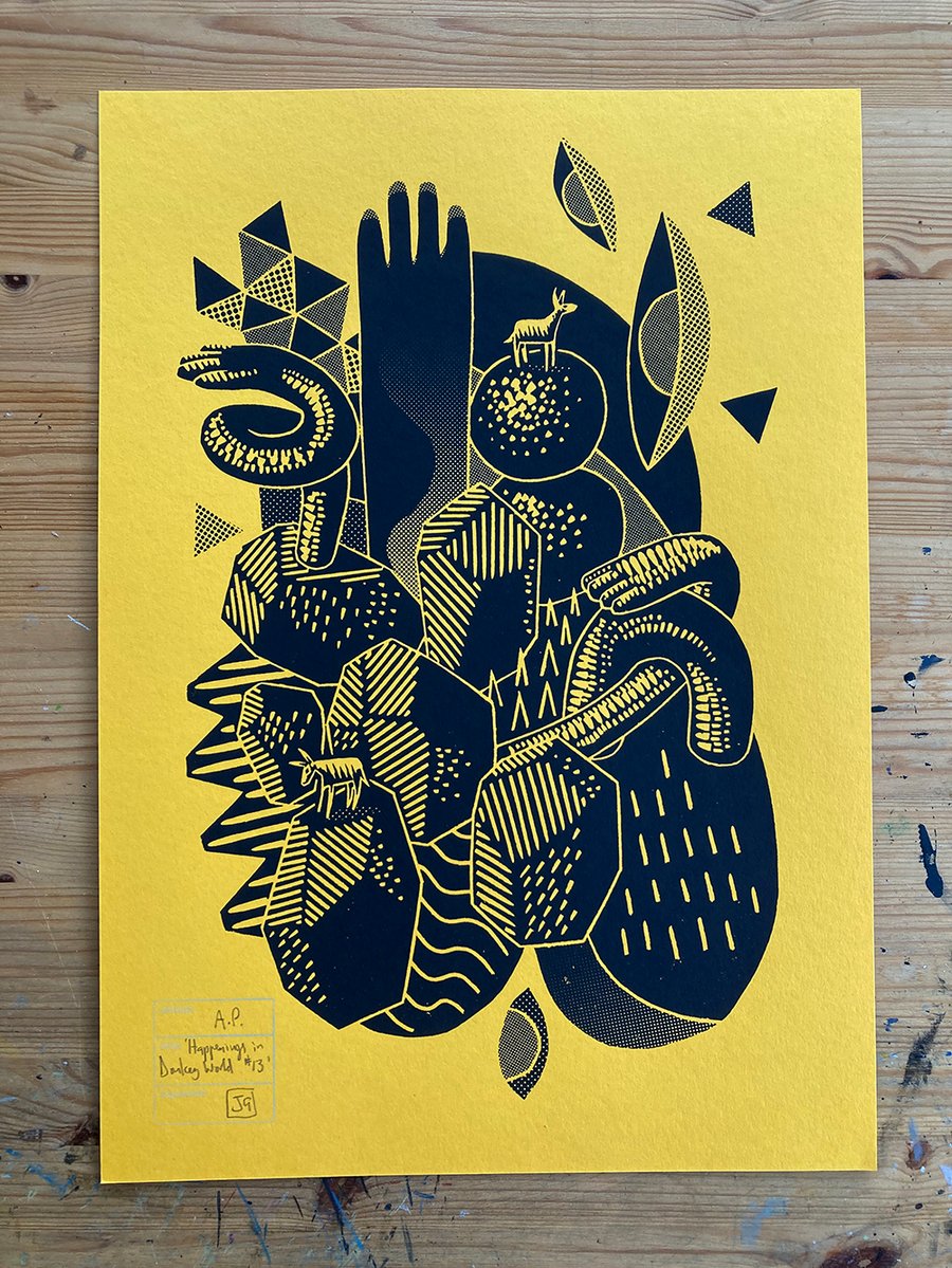Happenings in Donkey World No.13 A3 linocut screen-print (on deep yellow paper)