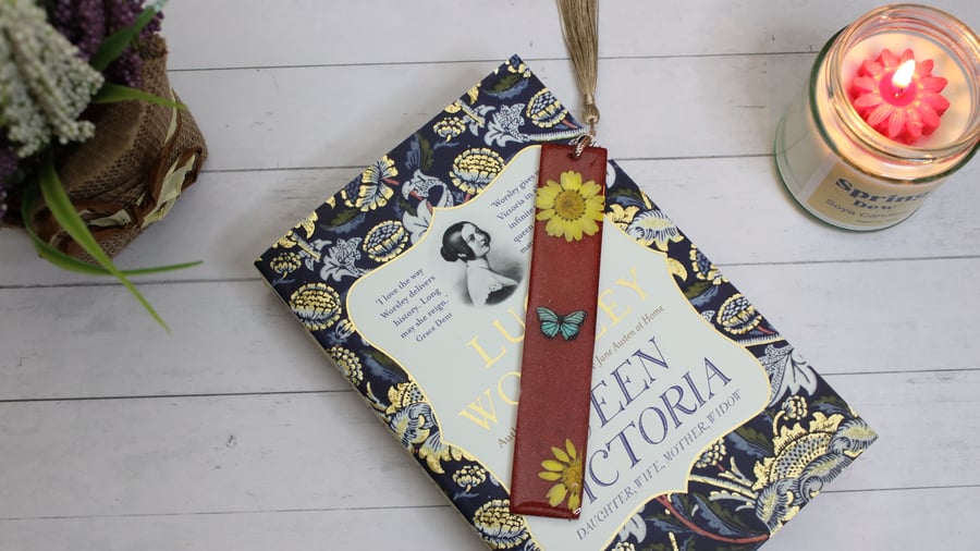 Red Resin Bookmark with Blue butterfly and Flowers