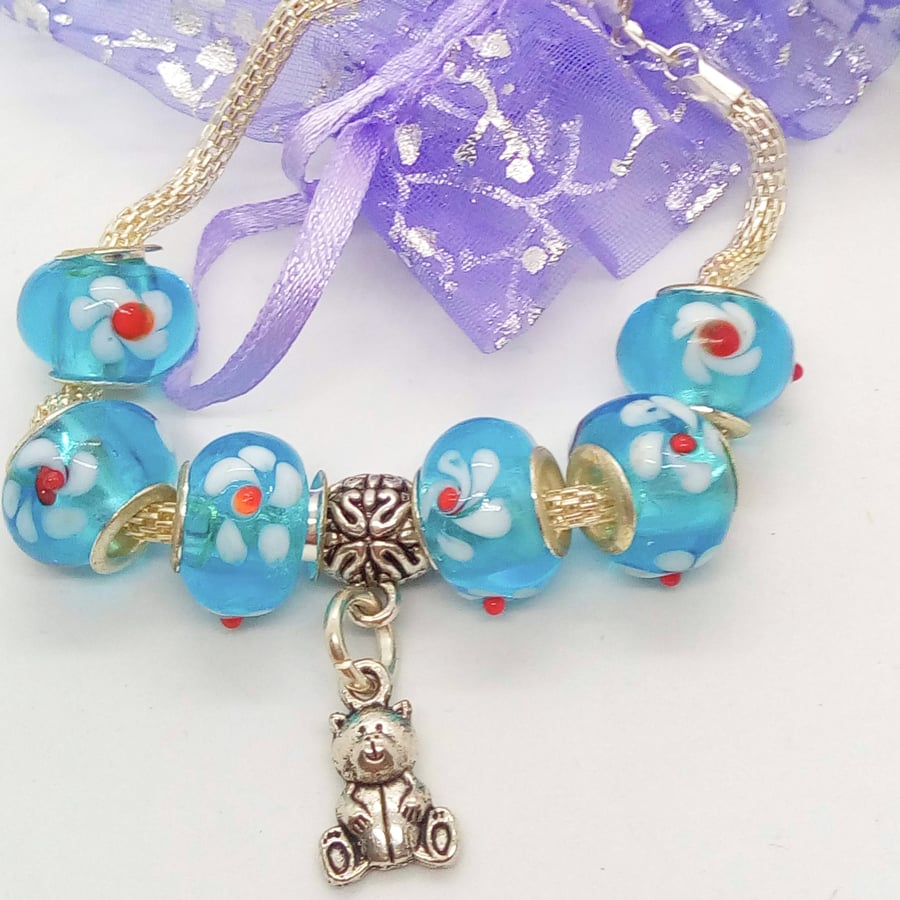 Blue Lampwork Bead and Silver Teddy Charm on Silver Mesh Bracelet, Gift for Her