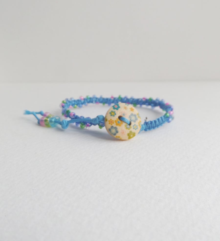 Turquoise Cotton Bracelet, Beaded Macramé Hypoallergenic