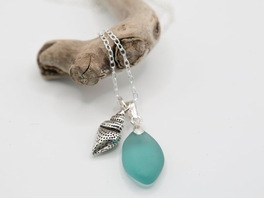 Rare turquoise sea glass pendant necklace with sterling silver charm