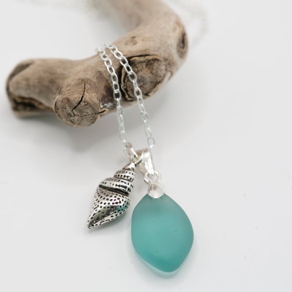 Rare turquoise sea glass pendant necklace with sterling silver charm