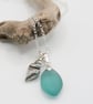 Rare turquoise sea glass pendant necklace with sterling silver charm