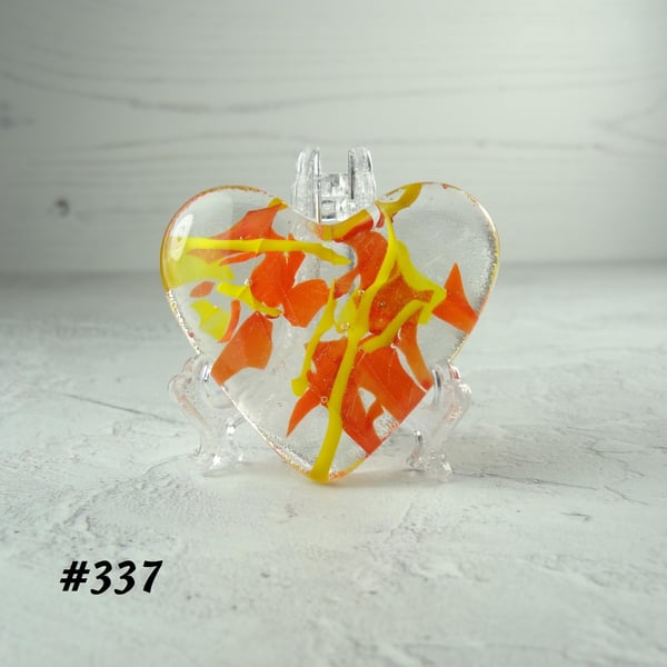 Orange, yellow, green fused glass heart with stand, 5x4.5cm, 4 options