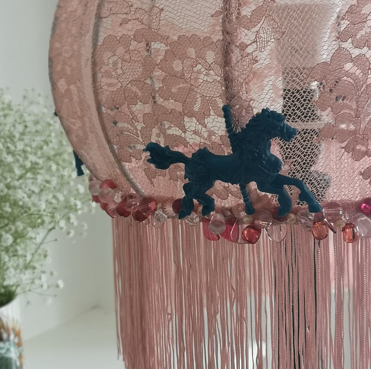 Pink lace lampshade with fringe carousel horse ... - Folksy
