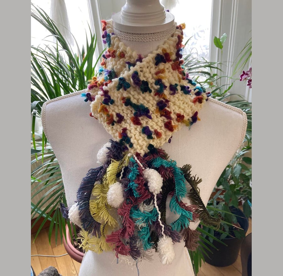 Alize maxi flowers cream hand knit rainbow fringed shawl neck wrap